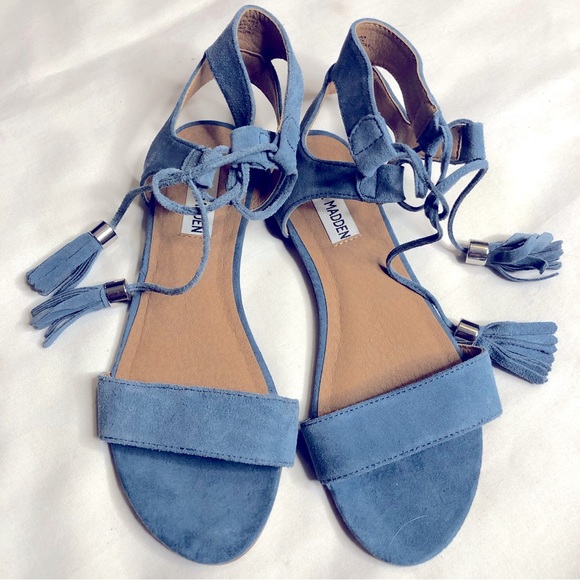 Steve Madden Elivait leather blue suede gladiator flats sandals - Picture 2 of 8